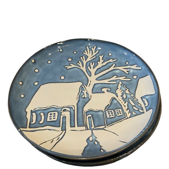 Eli + Ana Christmas Blue Nite Winter Snowy Cabin Salad Plates 8in Set of 4 NEW - Picture 5 of 11